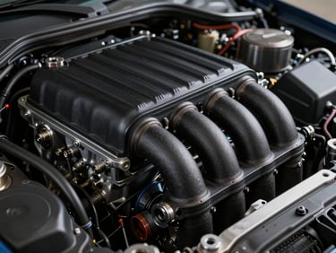 A custom black automotive manifold component fitted inside a clean engine bay, sharp focus on the precise layer lines, high-contrast professional studio lighting