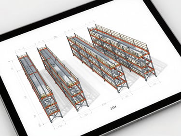 Top-down wide-angle CAD schematic of warehouse rack layout on a tablet screen, bright technical lighting, sharp details