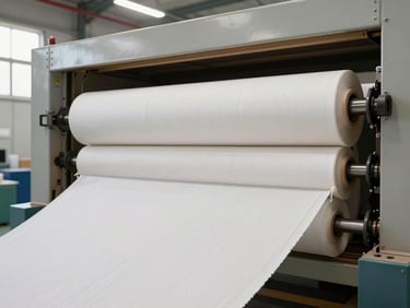 Large industrial textile curing oven with fabric rolls exiting the heated chamber, bright warehouse light