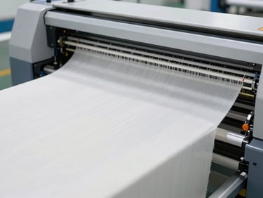 Modern digital textile printer head depositing precise patterns onto raw cotton web, clean industrial setting