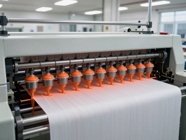 Industrial rotary textile printing machine with cylinders applying orange ink to a continuous roll of fabric, clean factory lighting