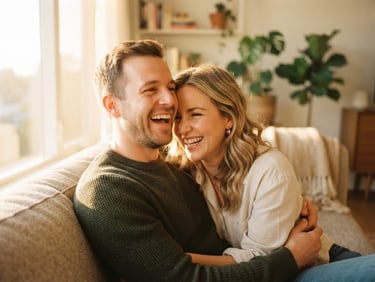 A candid, close-up shot of a couple laughing together in a warm, sun-drenched modern living room during golden hour, soft cinematic shadows, shallow depth of field, 35mm photography