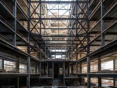 Symmetrical architectural perspective of a modern steel and concrete building frame under bright morning light, clean lines, 35mm lens