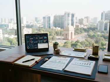 Clean modern New Delhi corporate office window light, desk with financial documents and a laptop showing analytical dashboard, 35mm