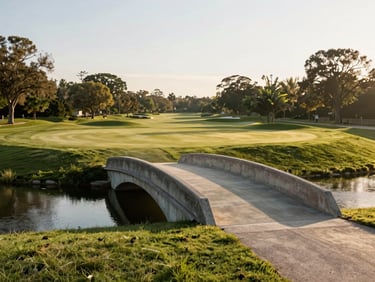 A premium gold-tier park golf course with a concrete stone bridge over a small hazard, crisp morning light, wide angle.