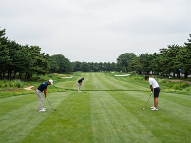 Wide environmental landscape of an official IPGA certified training facility in South Korea, featuring lush green fairways and professional trainees practicing under bright overcast daylight.