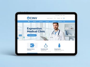 Sleek tablet mockup displaying a clean medical clinic website, soft blue tones, professional interface, high contrast