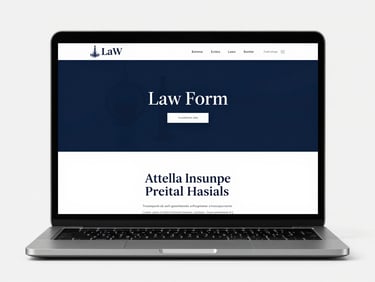 Sleek laptop mockup displaying a minimalist law firm website, dark navy tones, elegant typography, high contrast