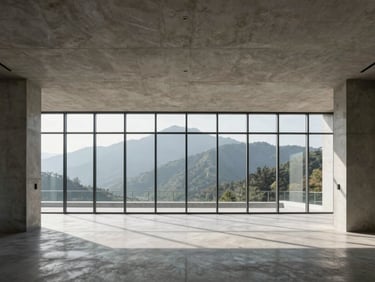 Symmetrical wide shot of a minimalist, sunlit architectural office with clean lines, concrete surfaces, and mountain light filtering through expansive glass windows.