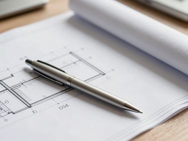 Structured close-up of a clean workspace with architectural blueprints and a silver pen, bright natural daylight.
