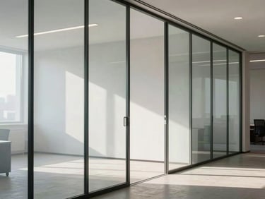 Clean, minimalist glass partition walls inside a modern corporate office, sharp lines, natural light.