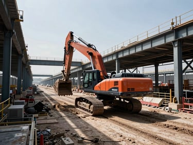 Wide-angle environmental shot of heavy machinery in motion on a massive transit corridor construction site, harsh high-contrast daylight, steel structures in background