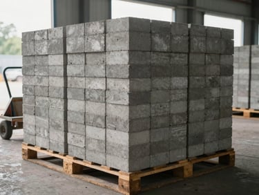 Tall stacks of finished concrete bricks on wooden pallets at the edge of the production floor, neat courses of grey units, morning daylight from open factory doors in background, a hand-truck visible to one side, no posed workers