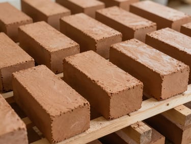 Rows of freshly moulded unfired clay bricks arranged on wooden drying racks inside a ventilated shed, soft diffused daylight, bricks showing slight surface cracks from controlled drying, warm ochre colour