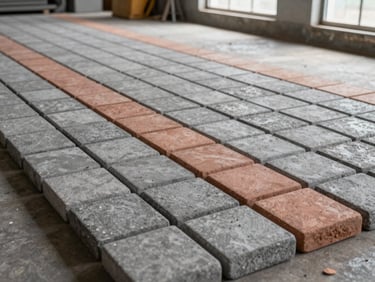 Finished paving stones laid out in a neat grid on the factory floor, grey and terracotta tones, wide environmental shot under natural window light, no people