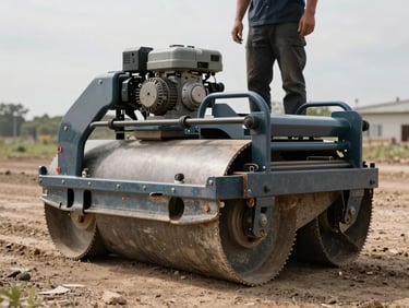 Operator-angle photograph of a walk-behind roller compactor on a dirt site, viewed from operator's standing position, drum and engine visible, natural overcast light, no people