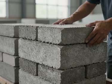 Close-up of stacked concrete bricks fresh from the press, rough grey surface texture visible, natural daylight from a factory window, operator's hands visible placing a brick on the stack in the background