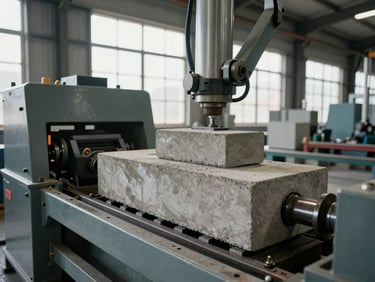 Operator-perspective shot of a hydraulic concrete block-making machine in a production shed, viewed from the operator's loading side, mold plate and hydraulic arm visible, large factory window light, no people posing