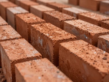Rows of terracotta bricks emerging from a kiln, warm reddish-orange surface, overcast factory daylight, close-up showing fired clay grain and colour variation, no workers posing