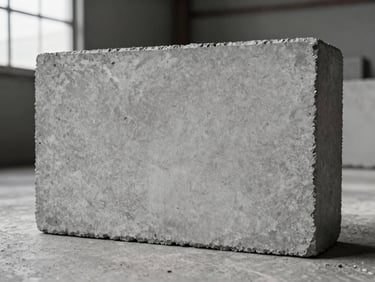 Close-up of a solid concrete brick resting flat on a concrete surface, uniform grey face with fine aggregate texture, no voids, natural daylight from a factory window casting a soft shadow to one side