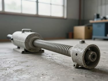 Operator-perspective view of a concrete internal vibrator with flexible shaft lying on a workshop floor, daylight from a factory window, tool head visible in foreground, no people