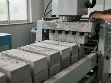 Close-up of a concrete brick moulding machine in action, fresh grey bricks being pressed and ejected onto a conveyor, natural daylight from factory windows, operator's hands adjusting feed hopper visible at frame edge, wide landscape framing