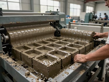 Wide shot of a brick-extrusion machine pressing wet clay into rectangular moulds on a conveyor, operator's hands guiding the output, factory daylight from overhead windows, clay residue on the metal surfaces