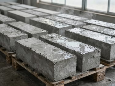 Rows of freshly pressed concrete bricks laid flat on production pallets in a covered curing area, humid air visible near the floor, overcast natural light through skylights, brick surfaces wet and uniformly grey