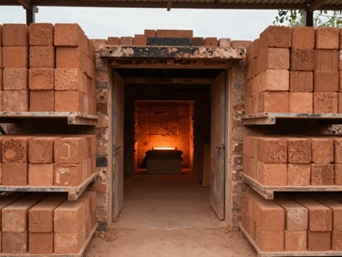 Wide environmental shot of a terracotta brick kiln interior, raw clay bricks stacked on shelves entering the firing chamber, warm orange glow of heating elements visible at the back, overcast natural light at the kiln entrance, landscape framing
