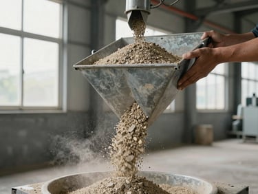 Close environmental shot of aggregate and sand being weighed and loaded into a hopper, hands guiding the chute, natural overcast daylight from factory windows, cement dust visible mid-air, industrial floor visible below