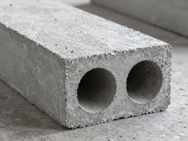 Close-up of a concrete hollow brick lying on its side on a factory floor, two parallel voids visible in the face, surface texture of grey aggregate, natural overcast light from above