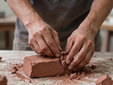 Close-up of a worker's hands breaking apart a block of raw reddish-brown clay on a concrete floor, overcast workshop light, natural texture clearly visible, no gloves, earth tones