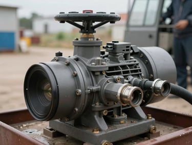 Close view of a diesel water pump unit in a yard, viewed from operator's side, pump casing and hose connectors visible, overcast daylight, bare ground, no people