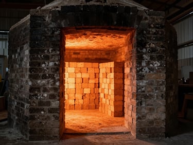 Interior view of a brick kiln with glowing orange heat visible through the opening, stacks of bricks inside at high temperature, industrial workshop setting, dramatic warm light against dark kiln walls