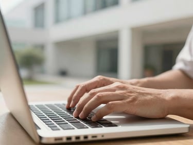 Close-up of hands typing on a laptop keyboard with a blurred background of a modern, clean European institutional building interior, natural daylight, hopeful bright tones, shallow depth of field, 35mm