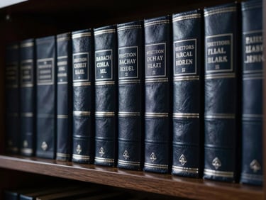 Close-up of leather-bound legal folios on a dark oak shelf, soft silver edge light, highly formal atmosphere