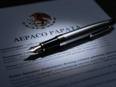 Macro shot of a high-end silver fountain pen resting on official Mexican constitutional amparo documents, low-key side-lighting, deep shadows