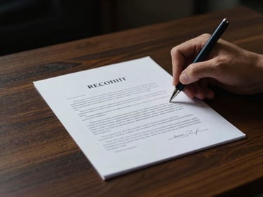 Close-up of a hand signing an official document on a heavy wooden desk, low-key dramatic side-lighting