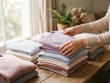 Warm editorial photo of hands organizing clean folded sweaters on a wooden table, soft natural window light, shallow depth of field