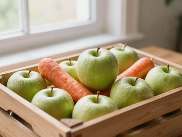 A wooden crate filled with fresh green apples and vibrant carrots on a table, soft natural window light, warm editorial photography