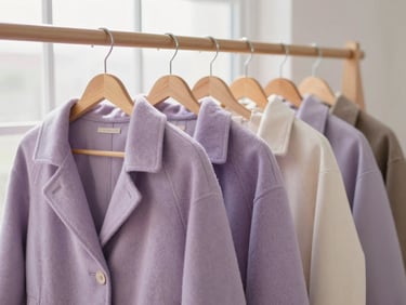 A neat row of winter coats on wooden hangers in a bright room, soft natural window light, warm editorial photography