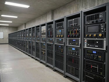 Wide environmental shot of a secure government-grade operations center — rows of rack-mounted hardware under cool fluorescent industrial lighting, structural concrete walls, no personnel visible