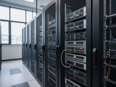 Wide environmental shot of a controlled server infrastructure room, cool north-facing daylight filtering through industrial windows on the left, rows of rack-mounted embedded hardware receding into depth, clean cable management, dark steel surfaces, no people visible