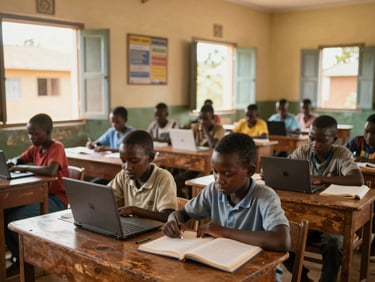 Wide environmental shot of a vibrant classroom in rural Ghana, students engaged with digital learning tools, warm natural light pouring through open windows