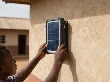 Natural high-contrast daylight illuminating hands installing a ruggedized, solar-powered IT node on a school wall in rural Ghana, dust particles visible in the air.