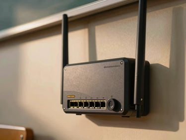 Close-up of a ruggedized offline-first network router mounted on a classroom wall, warm ambient light.