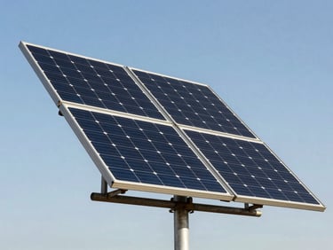 A compact solar panel array mounted on a metal frame under bright West African daylight, clear sky.