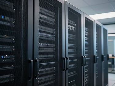 Cool-toned ambient light reflecting off a sleek server rack in a modern Albuquerque data center, clean lines, high-contrast composition.