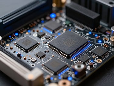 Macro shot of server motherboard with cool blue LED indicator lights, precise focus on microchips.