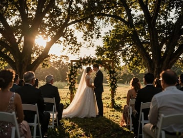A wedding ceremony captured with low-key, dramatic golden hour backlight filtering through trees, framed like a high-end cinematic movie still.